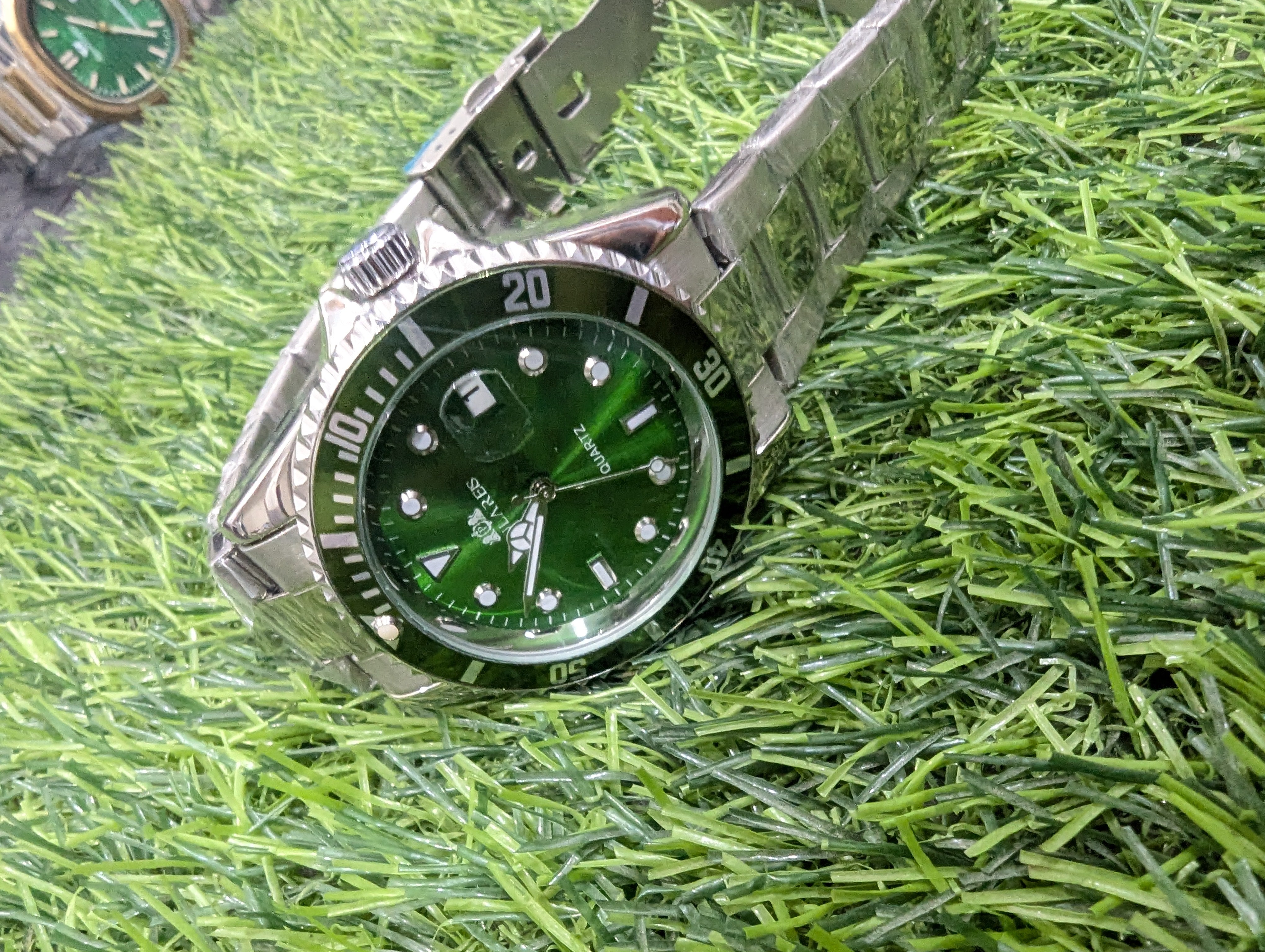 Luxury Green Dial Watch with Silver Strap