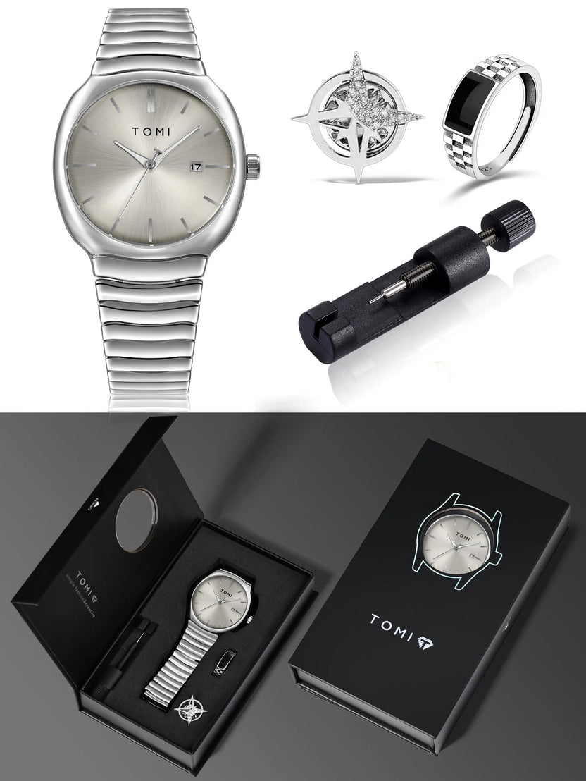 TOMI T-307 Silver Men's Luxury Business Watch Gift Box Set