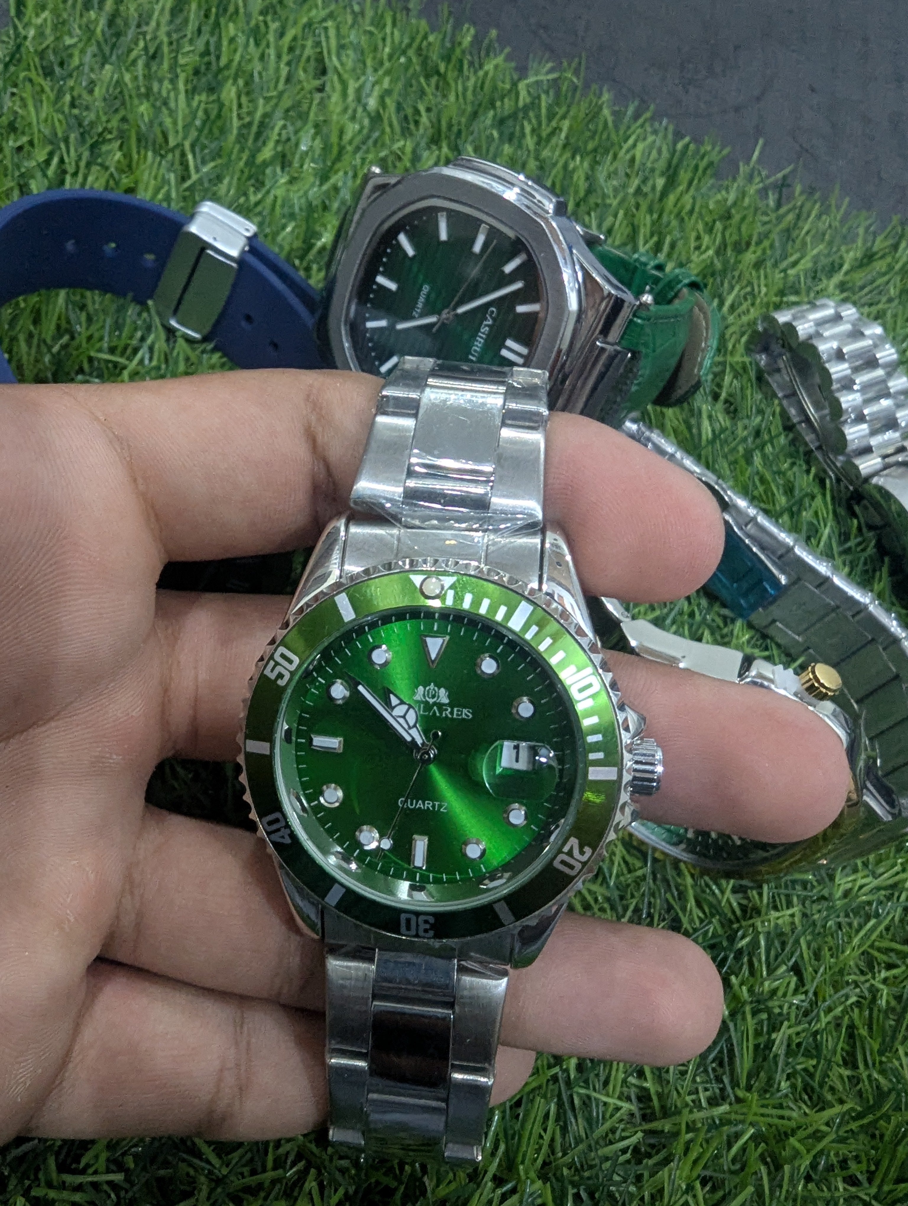 Luxury Green Dial Watch with Silver Strap