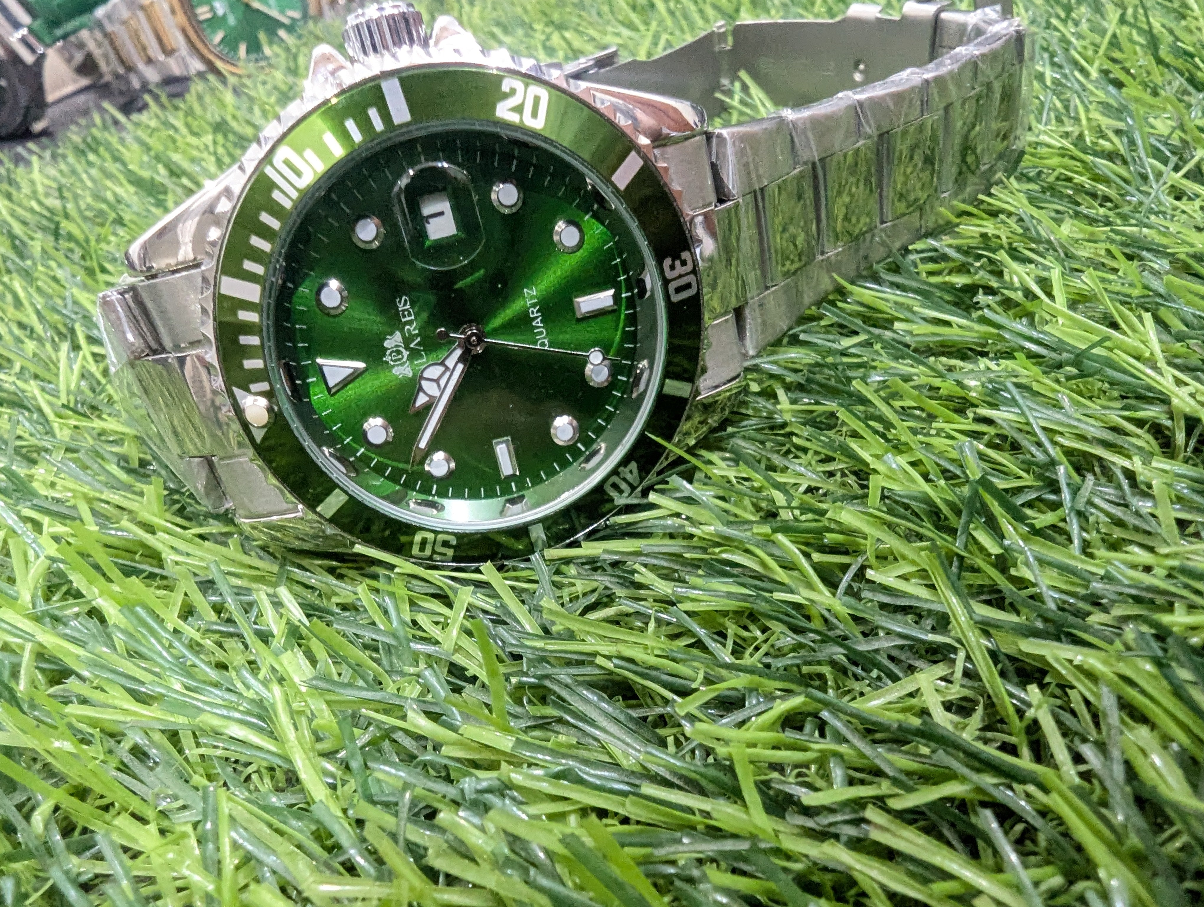 Luxury Green Dial Watch with Silver Strap