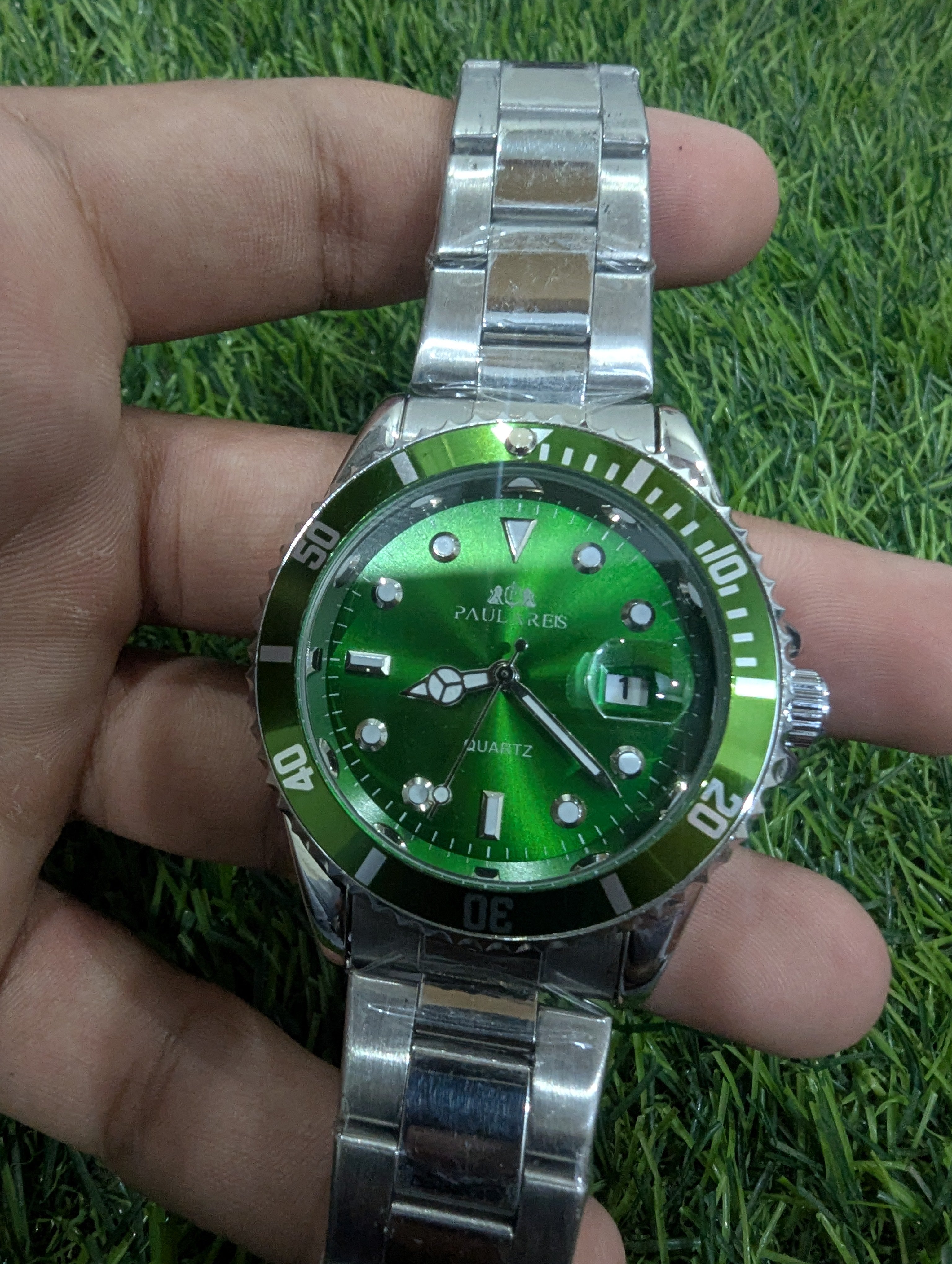 Luxury Green Dial Watch with Silver Strap
