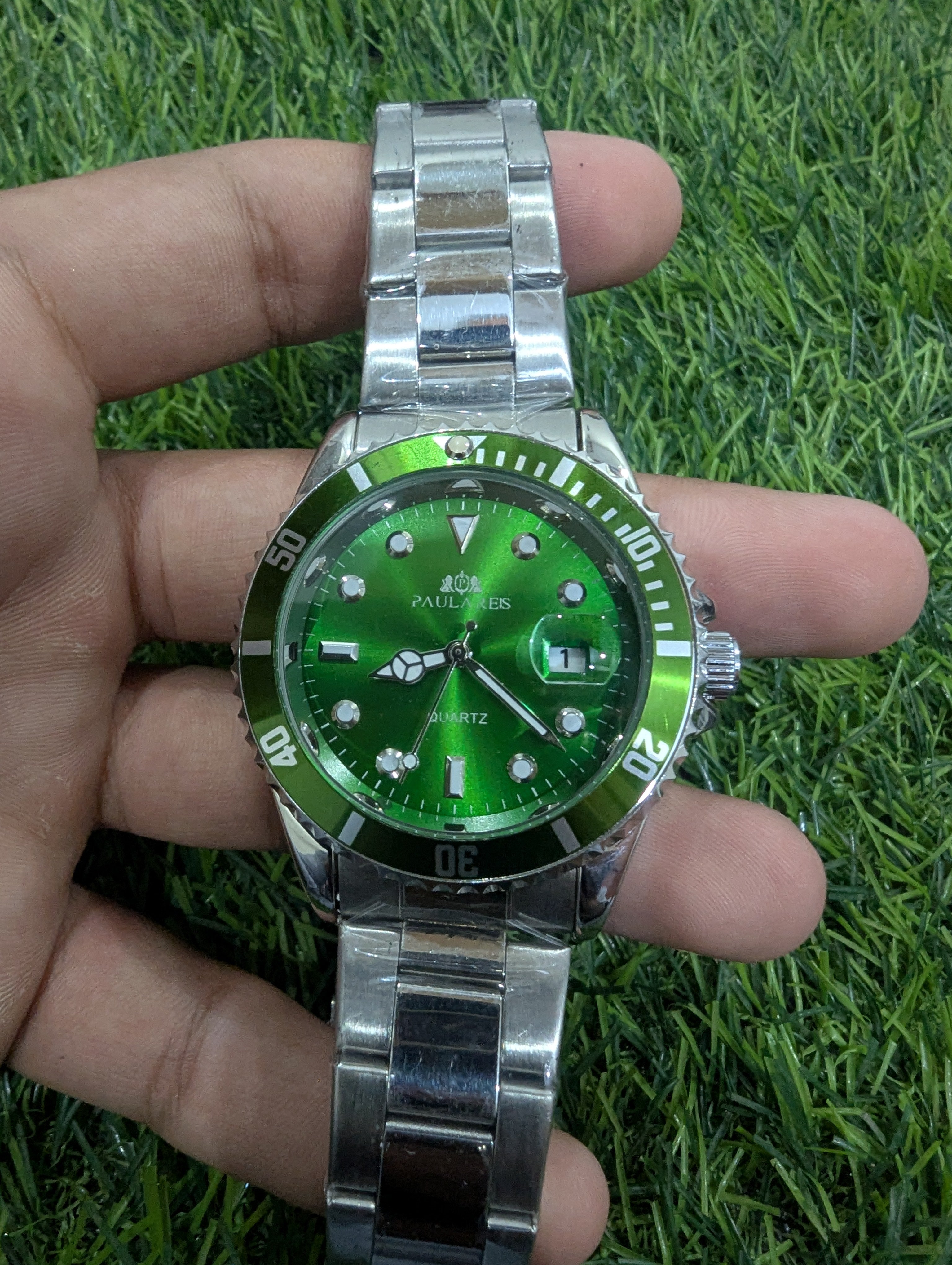 Luxury Green Dial Watch with Silver Strap